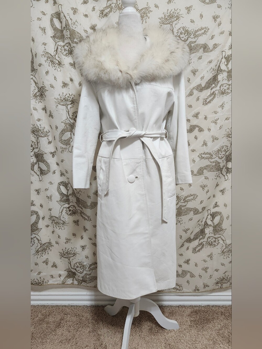 Vintage 70s White Leather Penny Lane Trench Coat Fox Fur Collar Belted Midi M